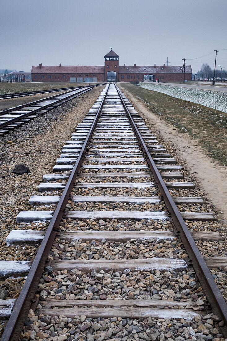 Auschwitz, Oswiecim, Birkenau, Brzezinka, Poland, North East Europe, Entrance in former Nazi extermination camp