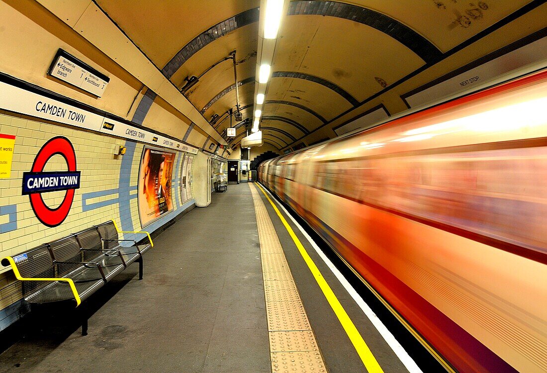 A train of subway in London, in Camden Town station