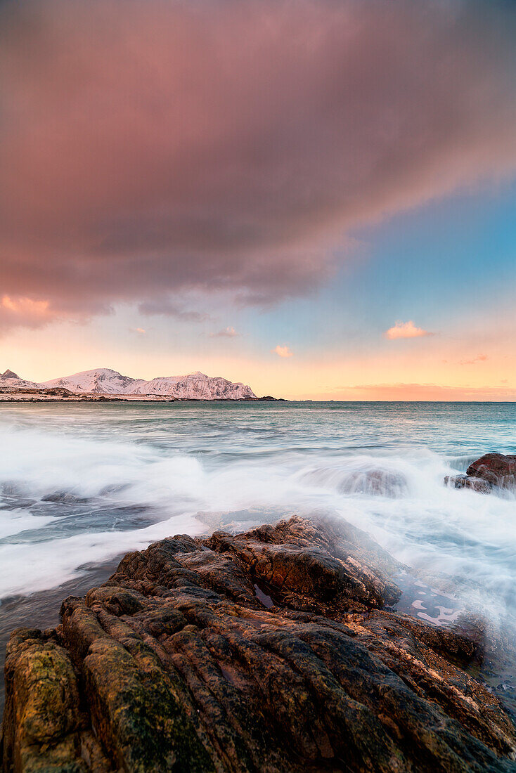 Skagsanden beach, Lofoten Islands, Norway A view of the beach Skagsanden photographed at sunset