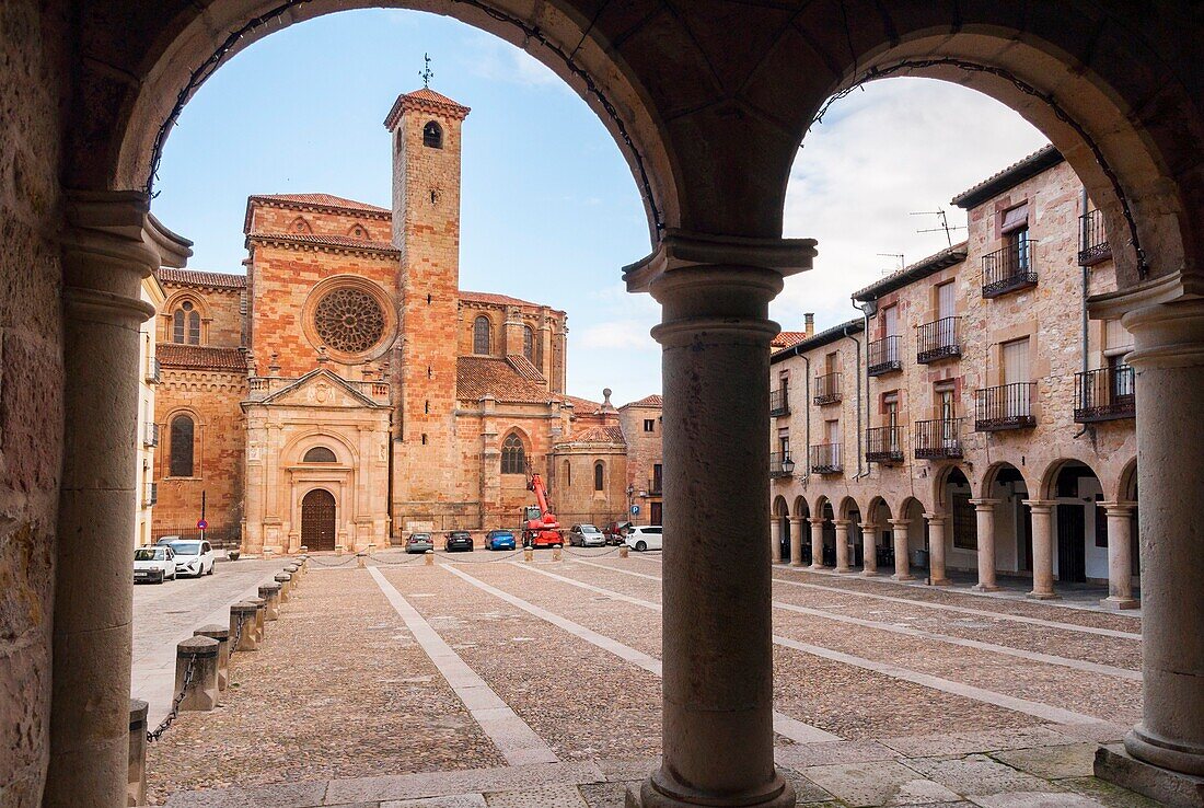 Santa María la Mayor Cathedral viewed from Town Hall, Sigüenza, Guadalajara province, Castile La Mancha, Spain. Historical Heritage Site.