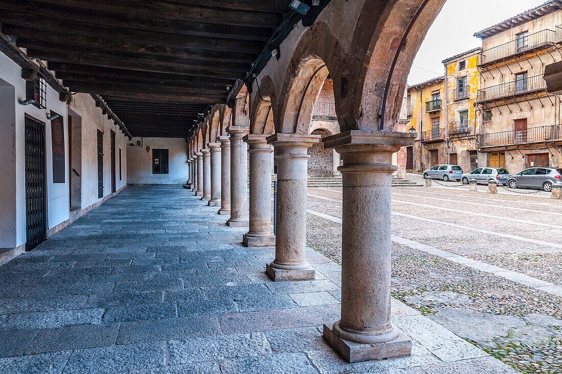 Plaza Mayor, Main Square arcade, Sigüenza, Guadalajara province, Castile La Mancha, Spain. Historical Heritage Site.