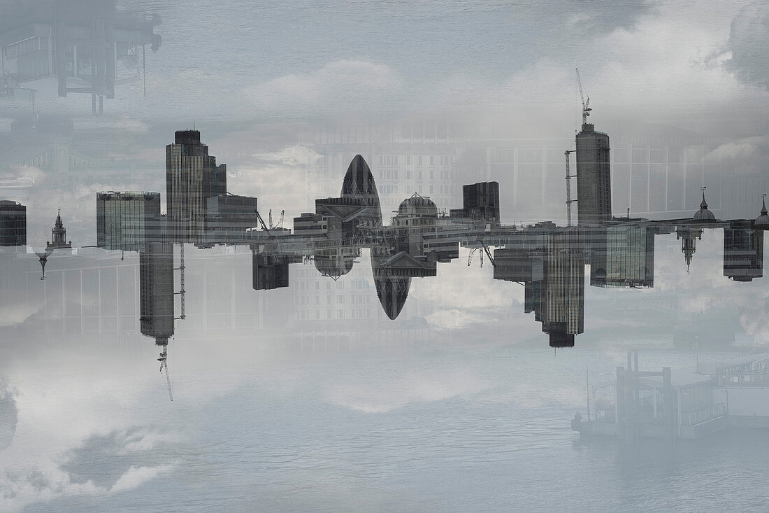 Multiple exposure of cityscape and cloudy sky, London, England, UK