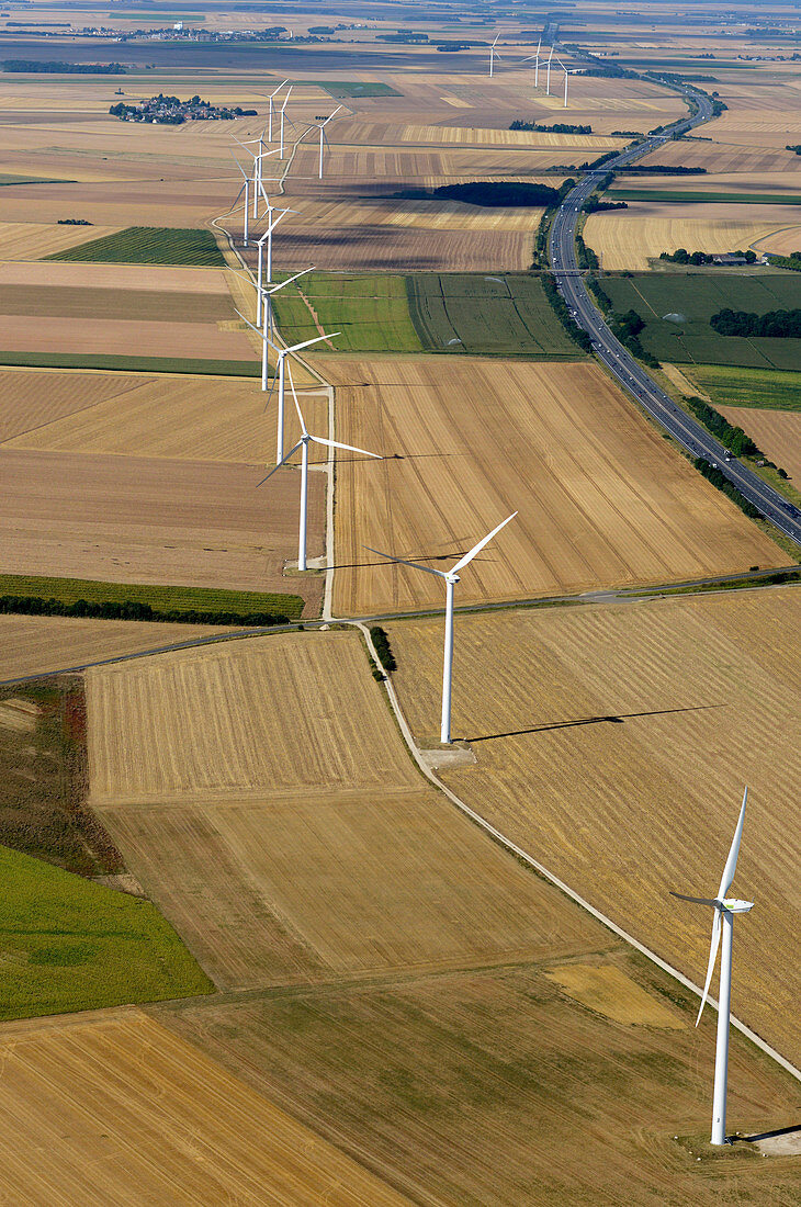 France, Centre France, aerial view of wind turbines along the Highway A10 near Abonville