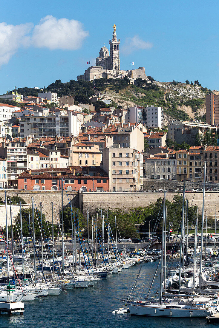 France, South-Eastern France, French Riviera, Marseille, old port and Basilica of Notre-Dame de la Garde