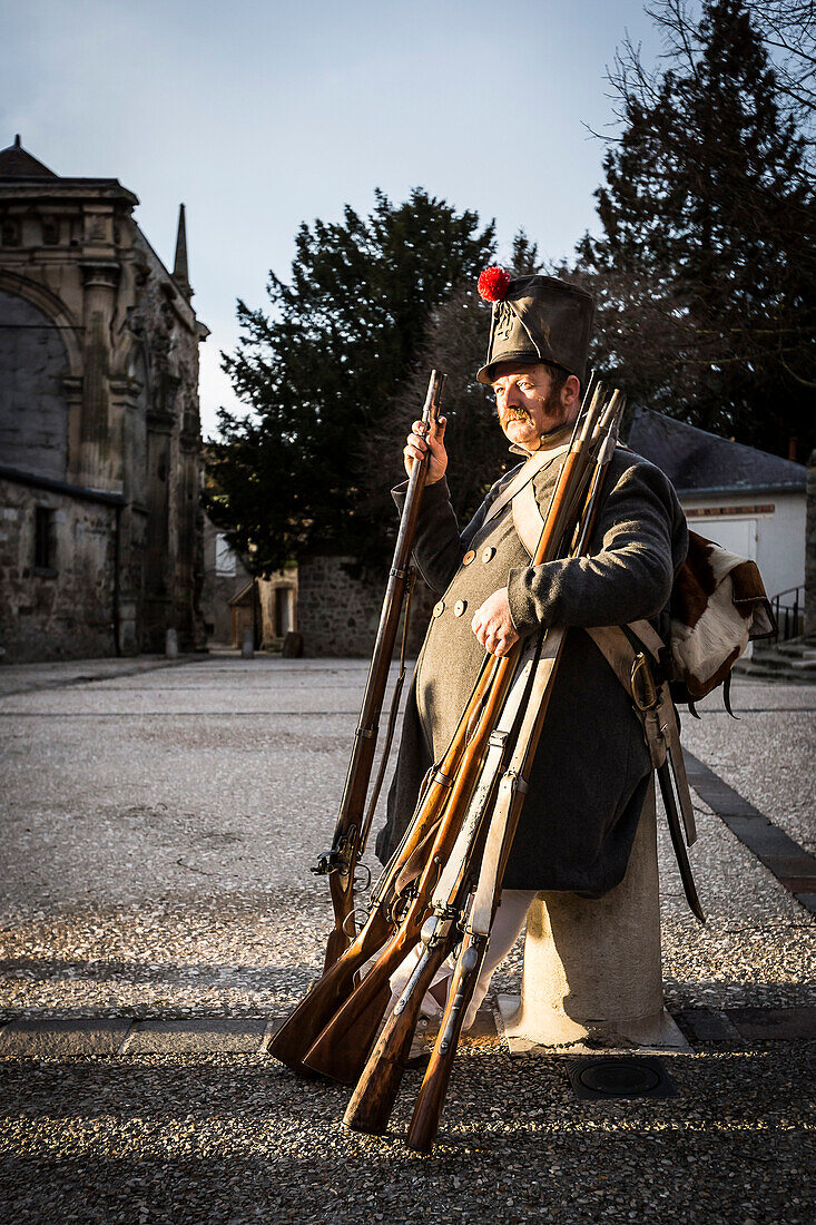 France, North-Central France, Nogent-sur-Seine, bicentenary of the French Campaign, Grognard soldier carrying a rifle