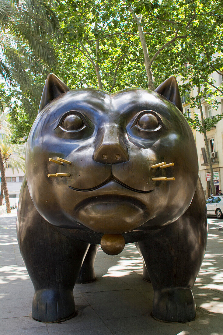 Spain, Catalonia, Barcelona, Rambla del Raval, the Big Cat designed by sculptor Fernando Botero, May 2014.