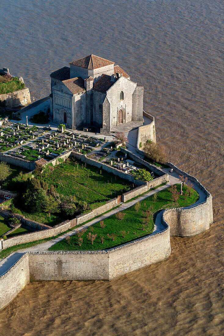 France, Charente-Maritime (17), Talmont-sur-Gironde, aerial view of Saint-Radegonde church.