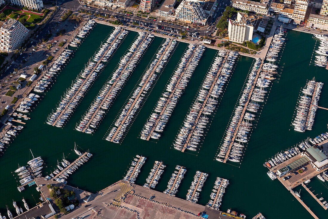 France, Languedoc-Roussillon, seaside resort of Herault, aerial view of La Grande-Motte