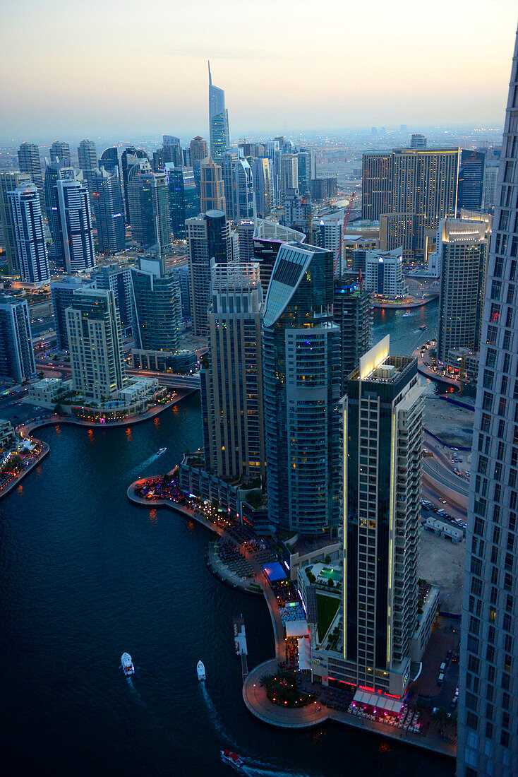 United Arab Emirates, Dubai, panorama of the Palm Jumeirah artificial islands from the 'Observatoire', a panoramic restaurant on the top floor of the Marriott hotel