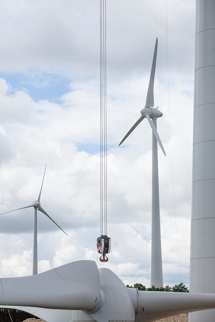 France, South-Western France, Les Nouillers, construction of a wind turbine Enerco, E70, 2,3MW rated power, preparation to the lifting of the blades