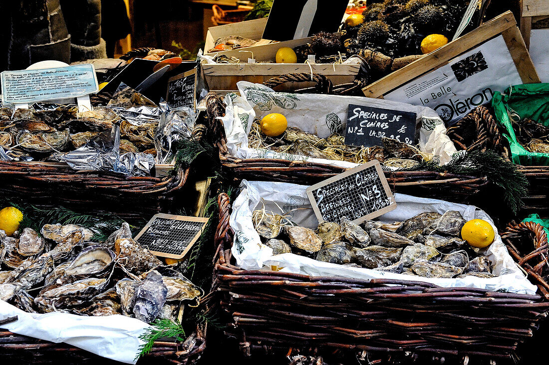France, Paris 7th district, market stall of a fishmonger with oyster crates