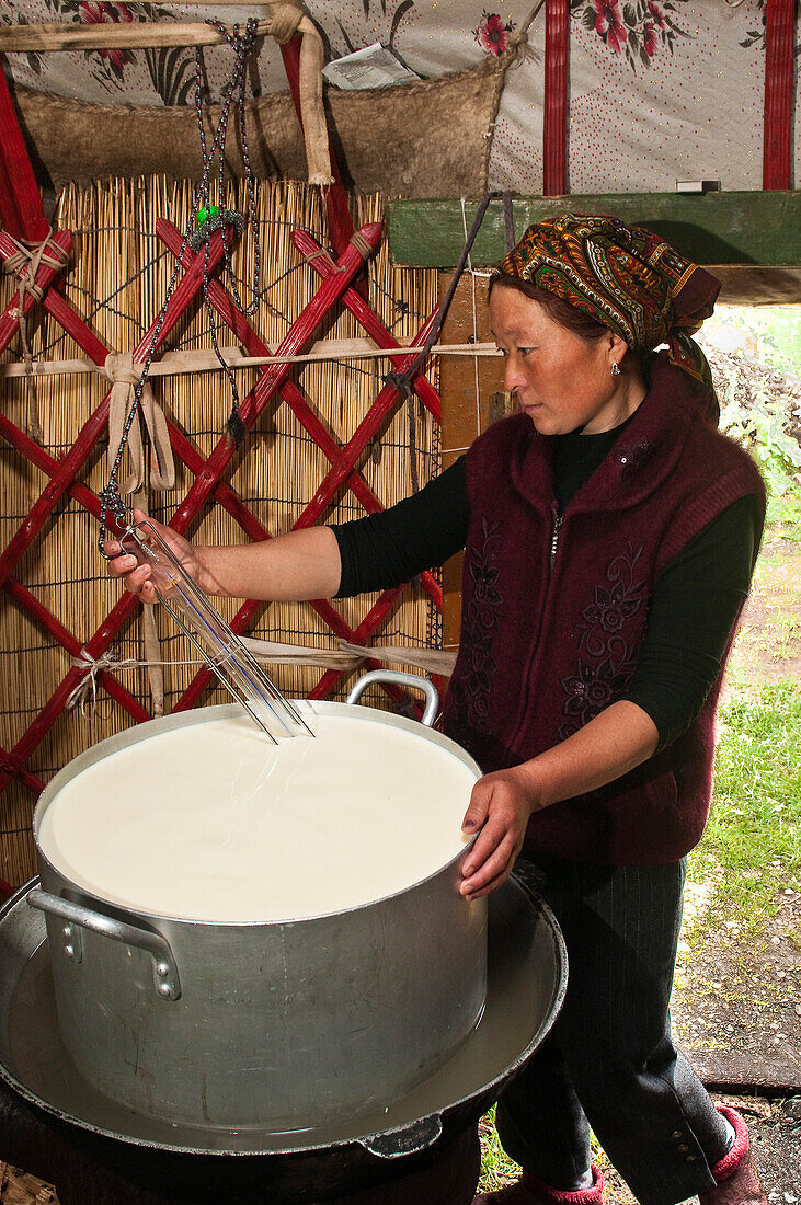 Kyrgyzstan, Issyk Kul Province (Ysyk-Kol), Juuku valley, thanks to a Swiss cooperation, Nurgul Toktosounova has learned how to make cheese