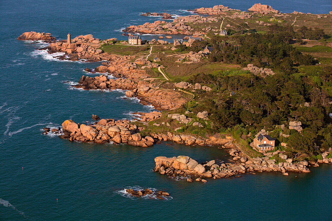 France, Brittany, Cotes-d'Armor, Perros-Guirec, Ploumanac'h lighthouse, Pink Granite Coast, aerial view