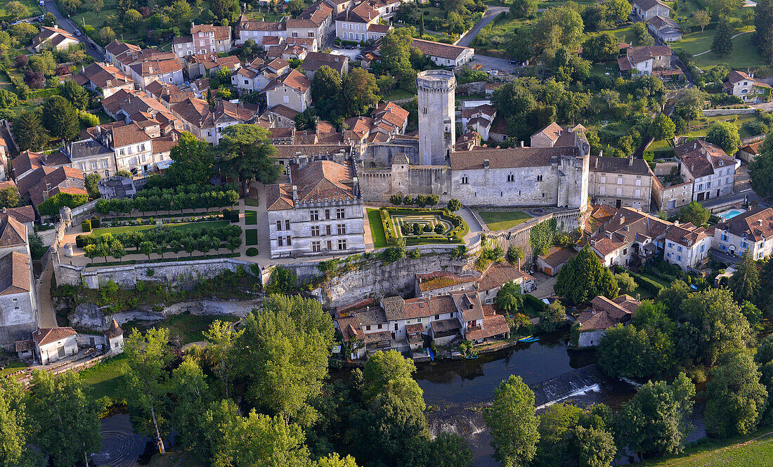 Europe, France, Dordogne, aerial view of the castle and the village Bourdeilles