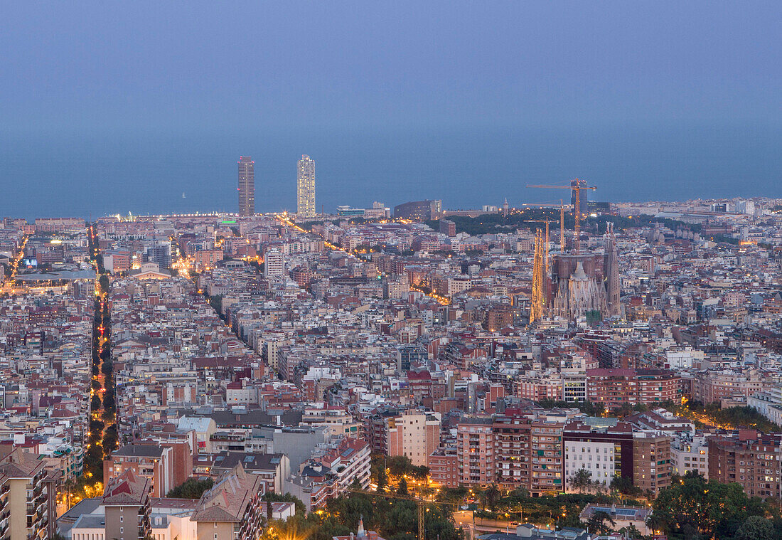 Spain, Catalonia, Barcelona, Panorama from Carmelo Mountain, Sagrada Familia