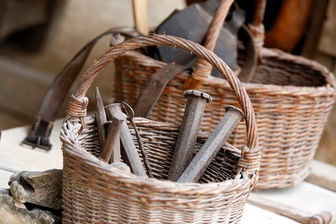 France, Burgundy, Yonne, Treigny, Guedelon Castle, medieval-site, construction of a castle, using the techniques and materials used in the Middle Ages. Stone cutting. Closeup on tools (pins) for cutting