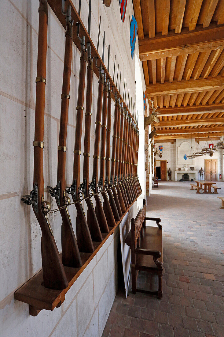 France, Burgundy, Yonne. Saint Fargeau castle. The guards room. Rifles.
