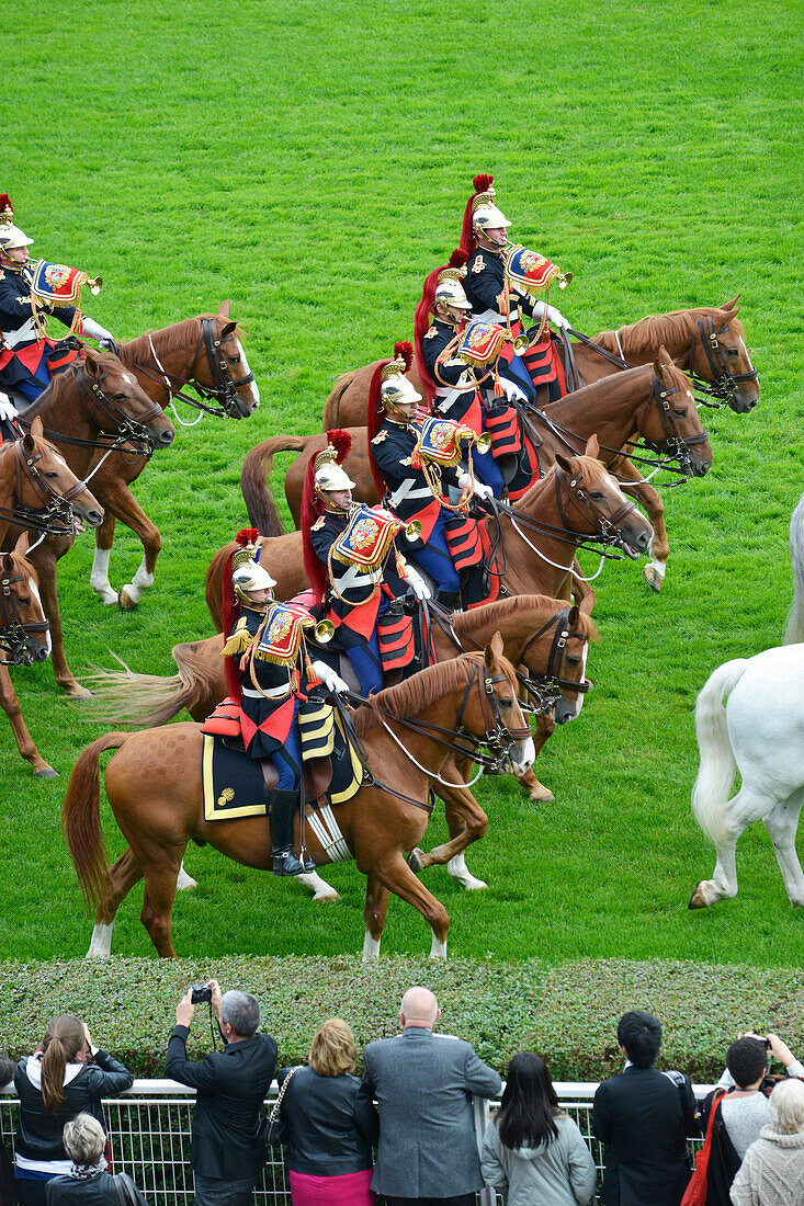France, Paris 16th district, Longchamp Racecourse, Qatar Prix de l'Arc de Triomphe on October 4th and 5th 2014, the French Republican Guard on horse back