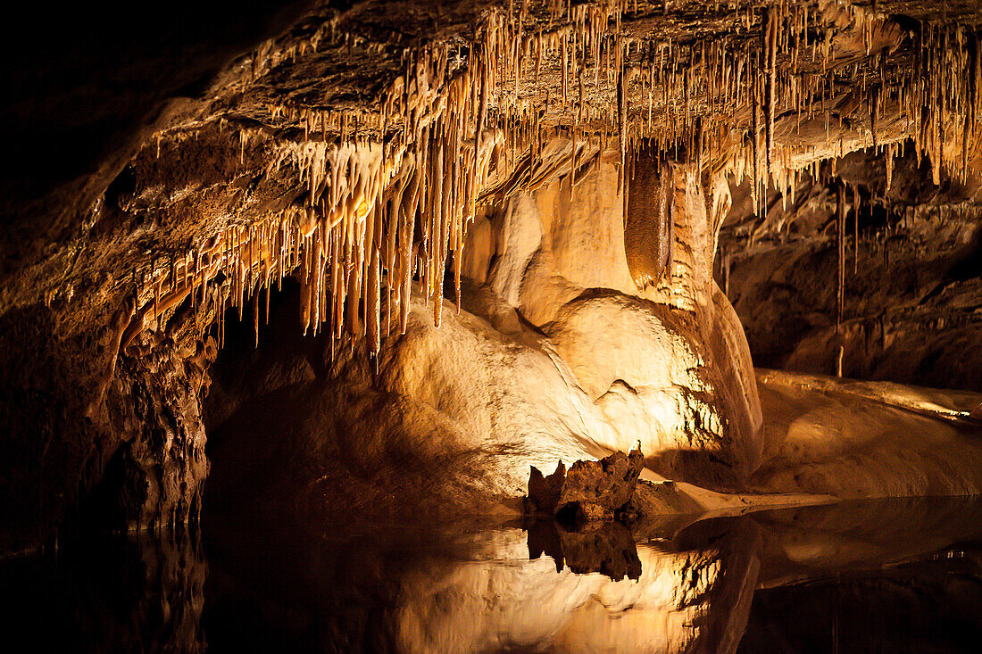 France, Lot, Cave of Lacave, Underground lake and stalactites ceiling