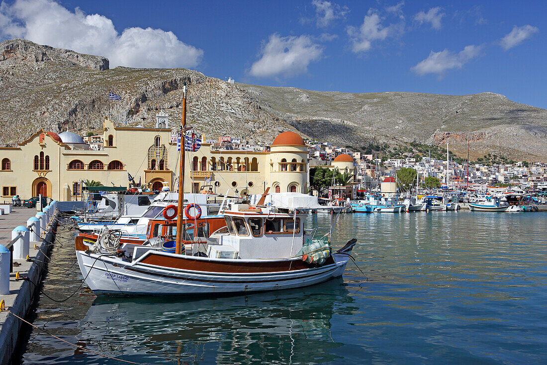 Kalymnos Town with tvenetian harbour office, Harbour, Kalymnos Town, Kalymnos, Dodecanese, Greece