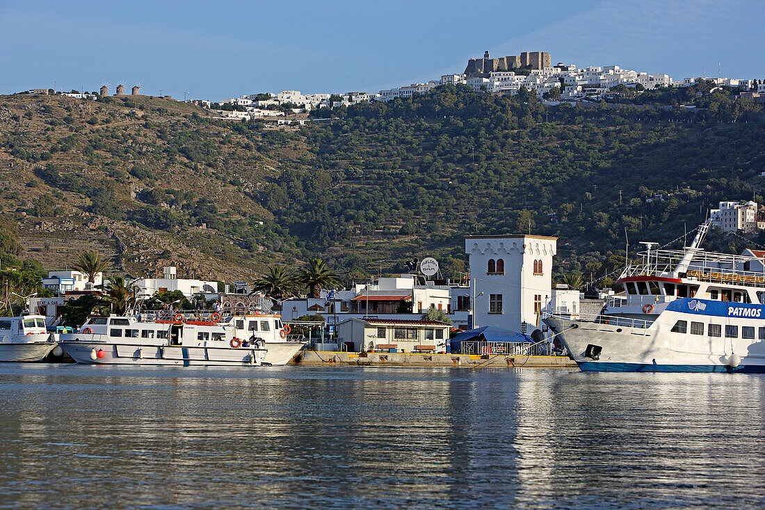 Harbour village Skala and the mountain village Chora with monastery of St. John, Patmos, Dodecanese, Greece