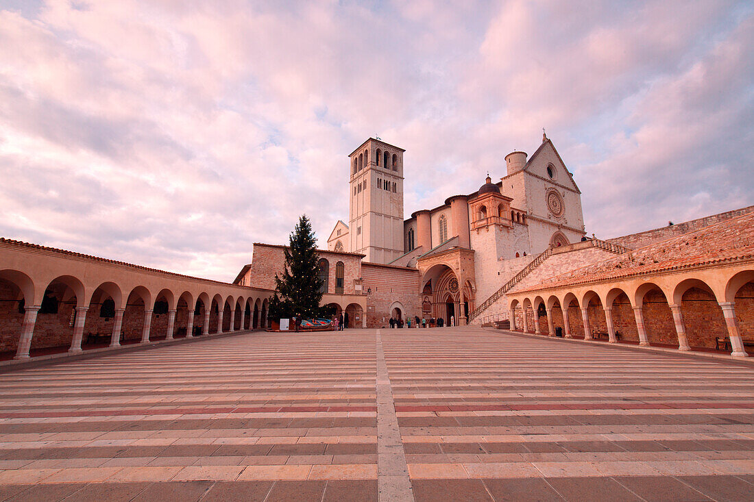 Europe, Italy, Perugia distict, Assisi, The Basilica of St, Francis at sunset