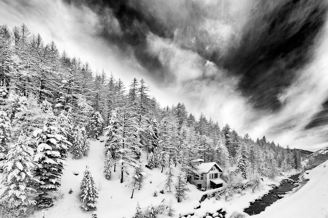 Chisone Valley, Piedmont, Turin, Italy, White winter house black and white