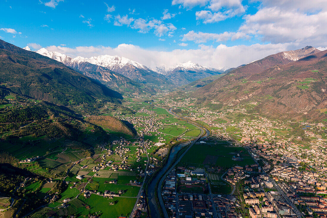 Aerial view of Aosta city, Aosta Valley, Italy, Europe