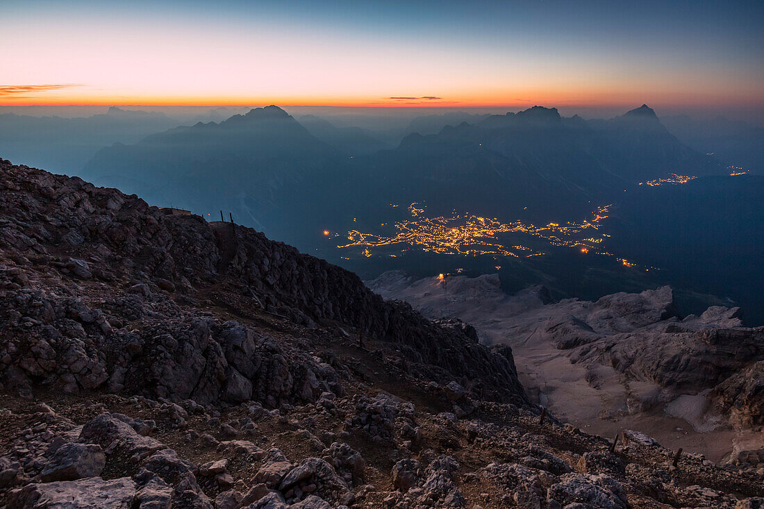 Cortina d'Ampezzo view from the top of mount Tofana di Mezzo, 3244m, Belluno district, Veneto, Italy, Europe