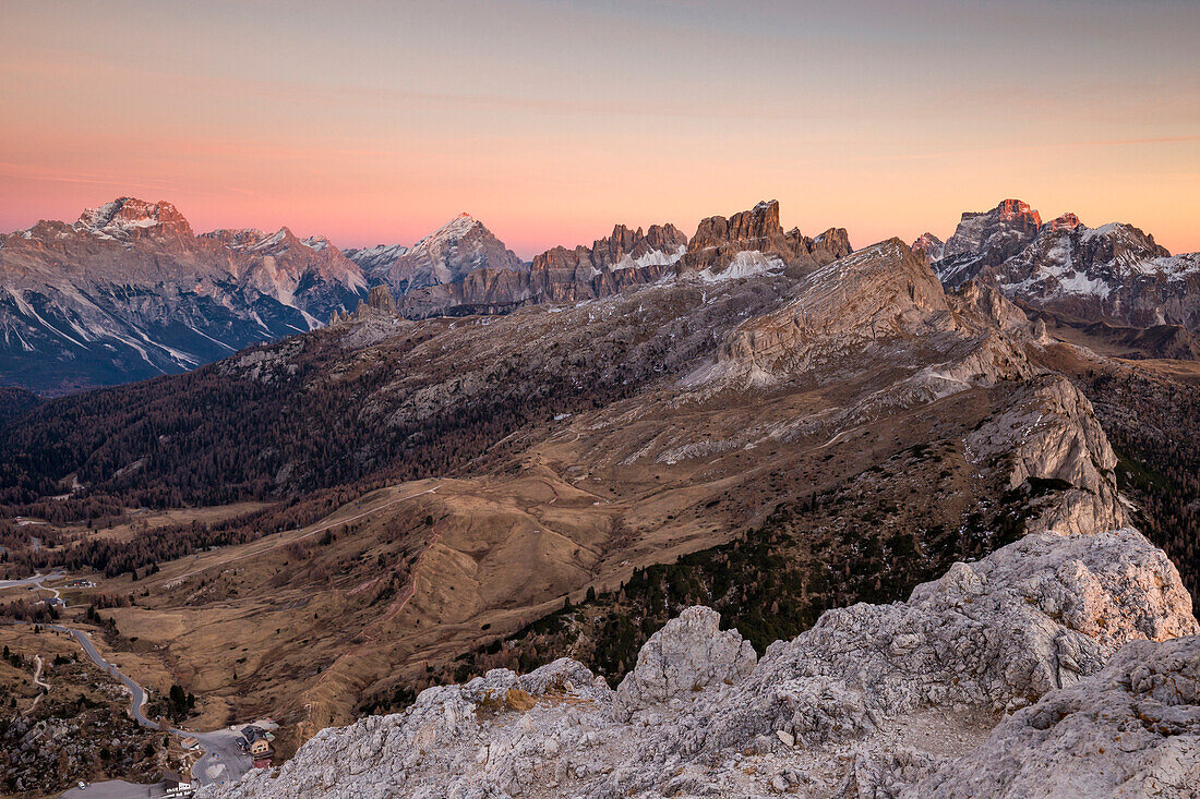 Views of mount Sorapis, mount Antelao, Croda da Lago group and mount Pelmo, Cortina d'Ampezzo, Belluno district, Veneto, Italy, Europe