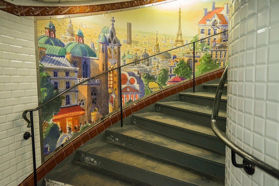 Abbesses, painted mural and spiral staircase, Station Abbesses, Paris, France