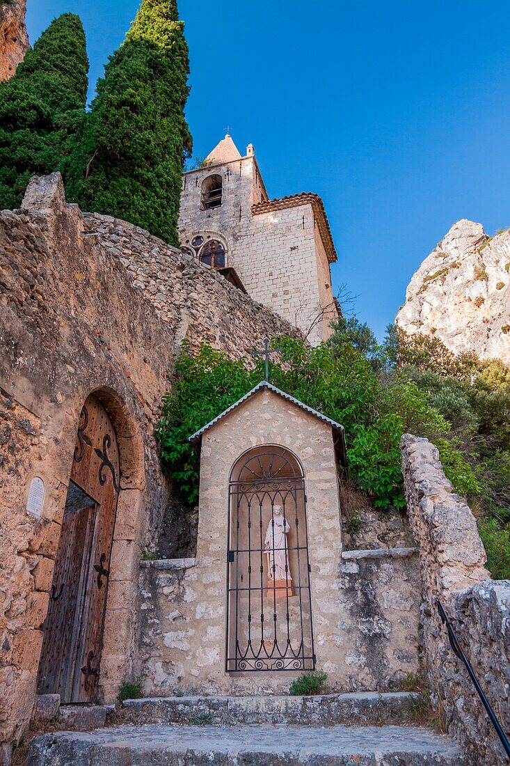 France, Provence, near Gorges du Verdon, Moustier-Sainte-Marie, medieval church located in the mountain top