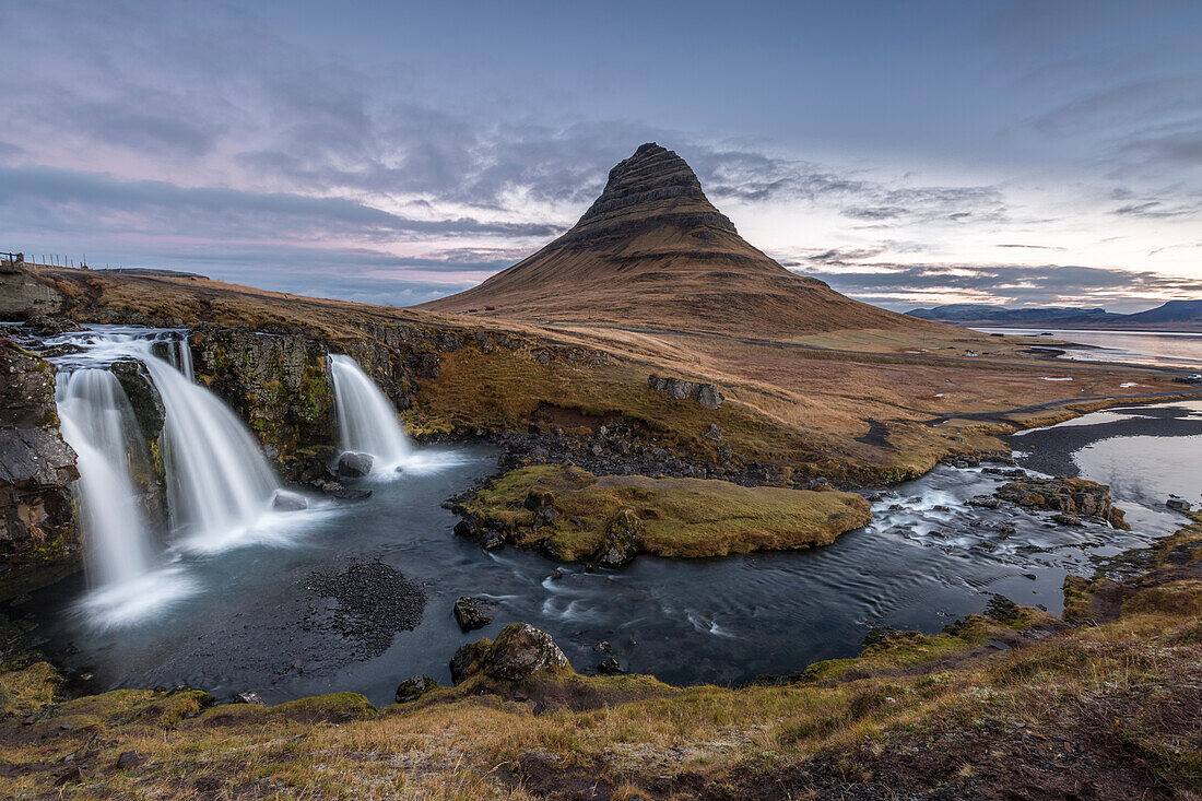 Long exposure landscape with waterfallsv of Kirkjufell Mountain, Snaefellsnes peninsula, Western Iceland, Europe