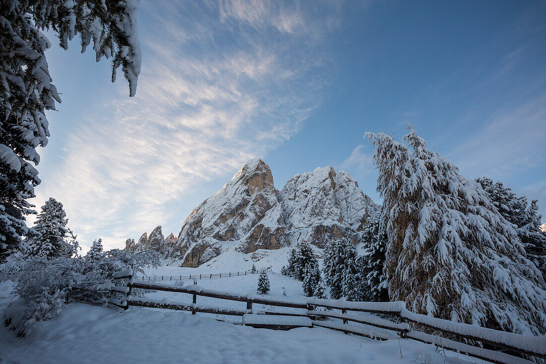 Odle Dolomites covered in snow, Passo delle Erbe, Bolzano, Trentino Alto Adige - Sudtirol, Italy, Europe