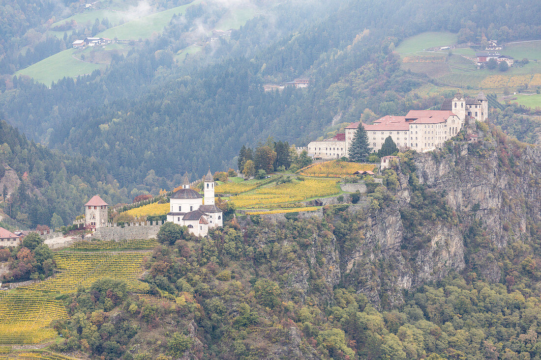 View of Sabiona Monastery and its vineyards, Chiusa, Val d'Isarco, Bolzano, Trentino Alto Adige - Sudtirol, Italy, Europe