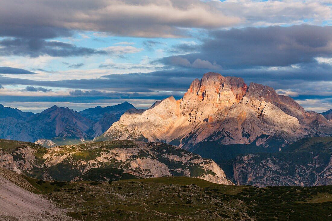 Tre Cime di lavaredo, Trentino Alto Adige, Italy, The first light of day illuminated the Cristallo peak, into the Sexten Dolomites natural park
