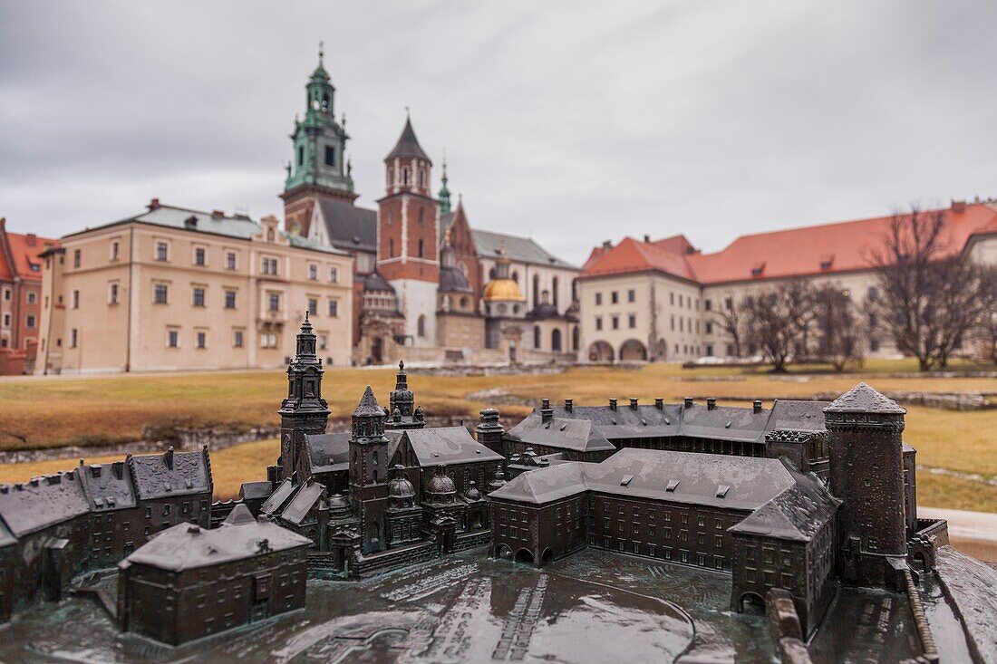 Krakow, Poland, Wawel castle and cathedral, In foreground there is a small model of castle and cathedral