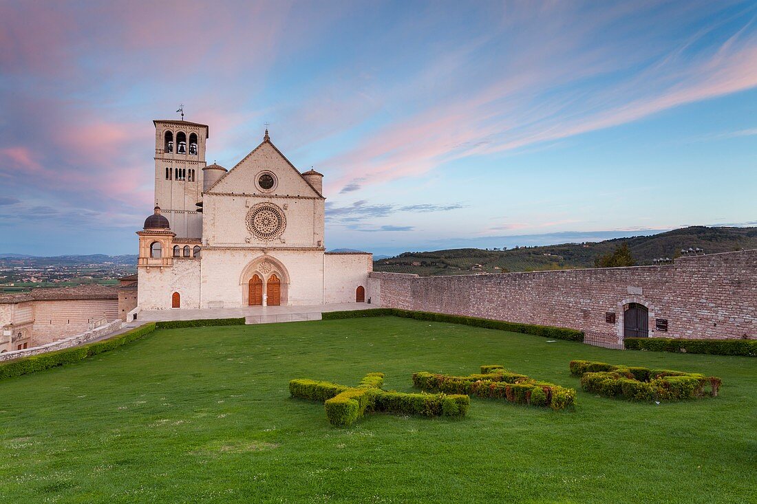 Assisi, Umbria, Italy, The Papal Basilica of St, Francis of Assisi at dawn