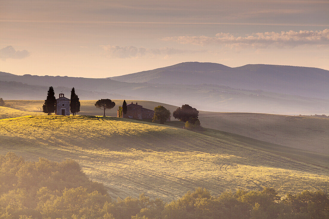 Vitaleta chapel, Pienza, Orcia valley, Tuscany, Italy, Sunrise