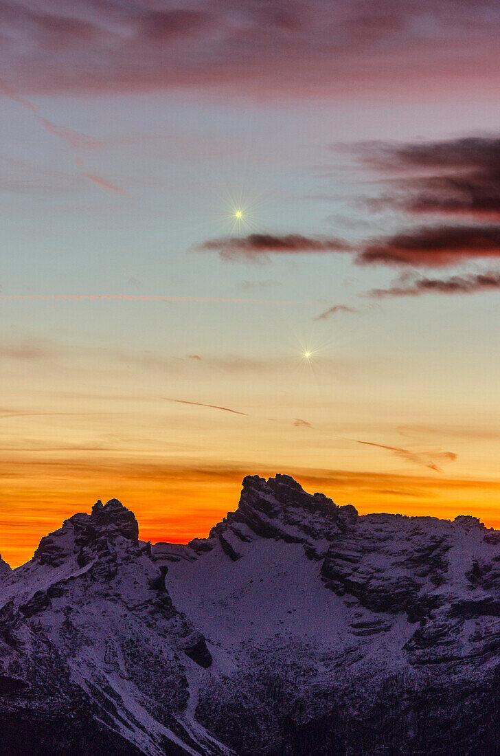 Venus, Mercury, Tamer Grande, Dolomites, Veneto, Belluno, Italy, Sunset over Tamer Grande