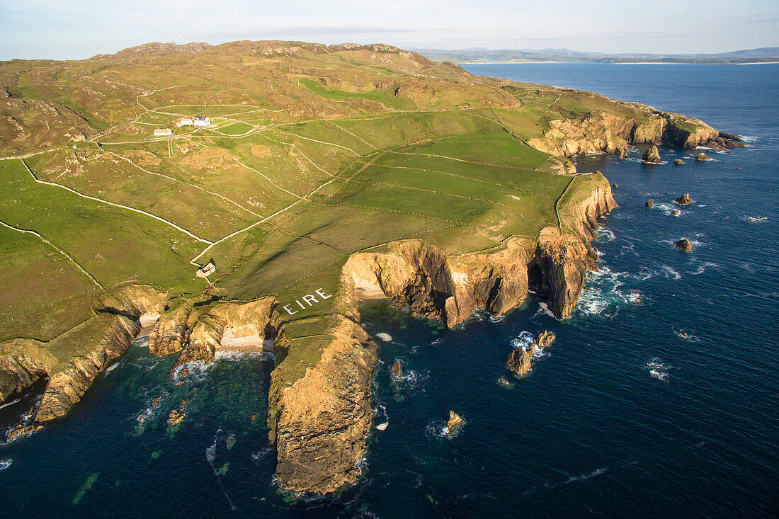 Crohy Head, County Donegal, Ulster region, Ireland, Europe, Aerial view over the coast and the sea stacks