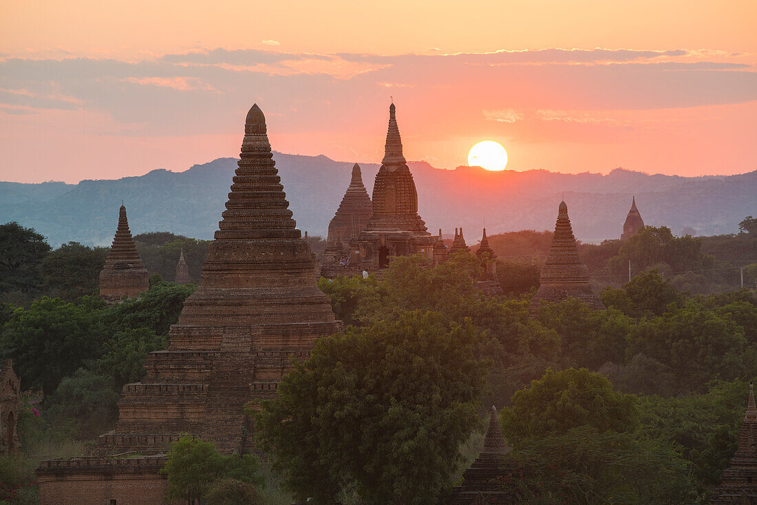 Bagan, Mandalay region, Myanmar Burma , Stupas at sunset