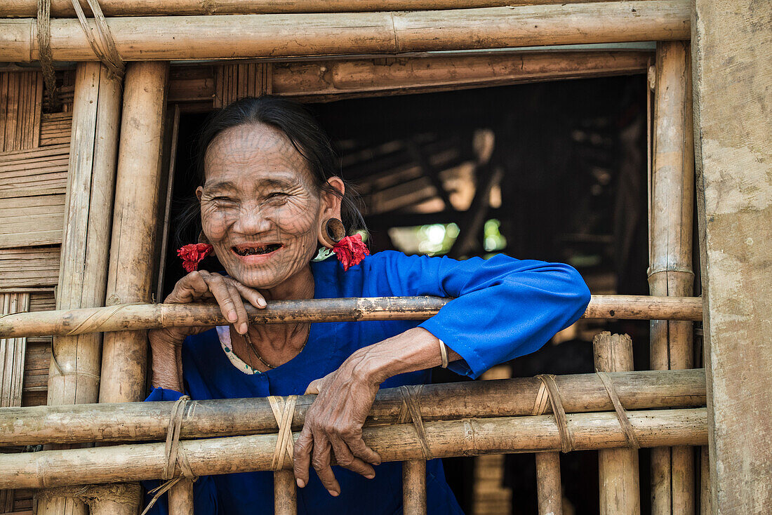 Rakhine state, Myanmar, Chin woman with traditional tattooed face