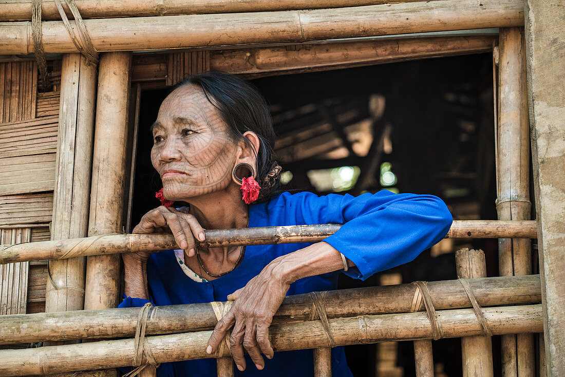 Rakhine state, Myanmar, Chin woman with traditional tattooed face