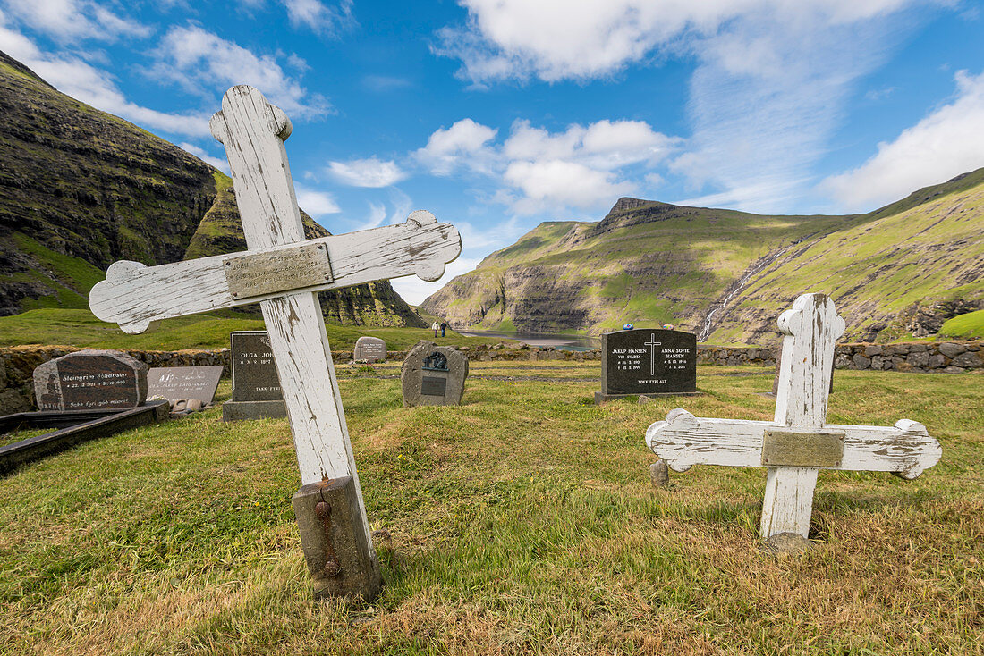 Saksun, Stremnoy island, Faroe Islands, Denmark, Old graves in the village's graveyard