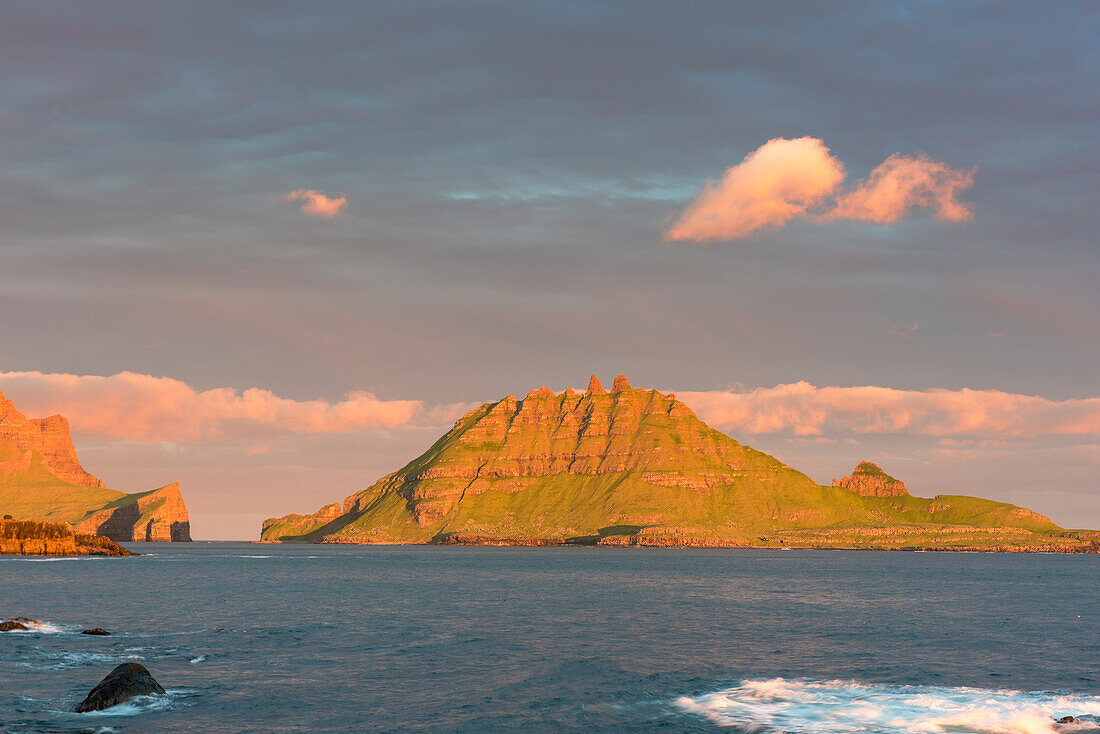 Vagar island, Faroe Islands, Denmark, Sunset over Tindholmur islet