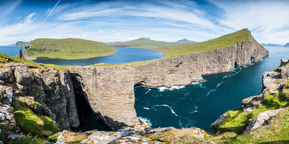 Vagar island, Faroe Islands, Denmark, Panoramic view of the Leitisvatn lake seen from the cliffs