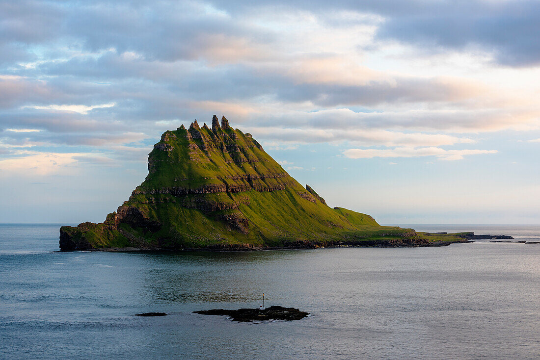 Vagar island, Faroe Islands, Denmark, Tinholmur islet at sunset