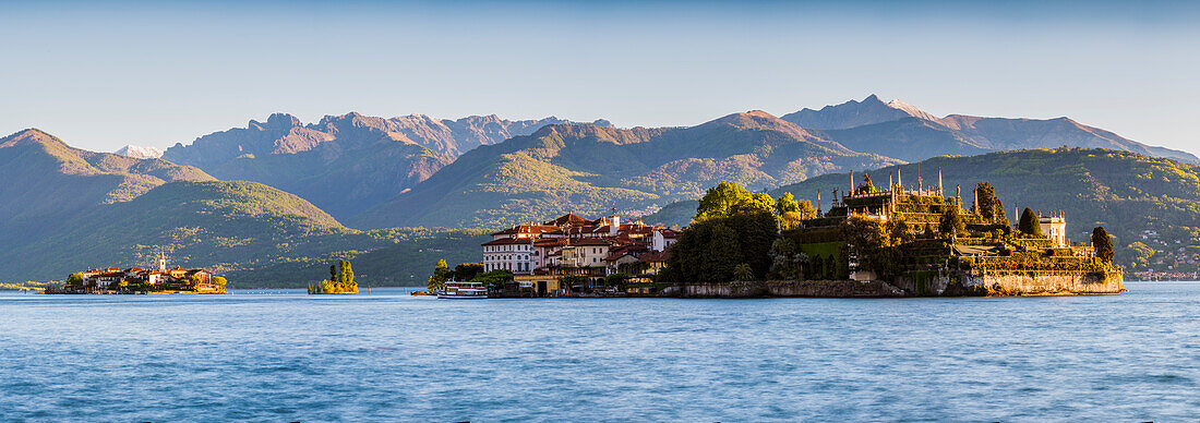 Borromean Islands, Stresa, Lake Maggiore, Verbano-Cusio-Ossola, Piedmont, Italy, Panoramic view over the isles