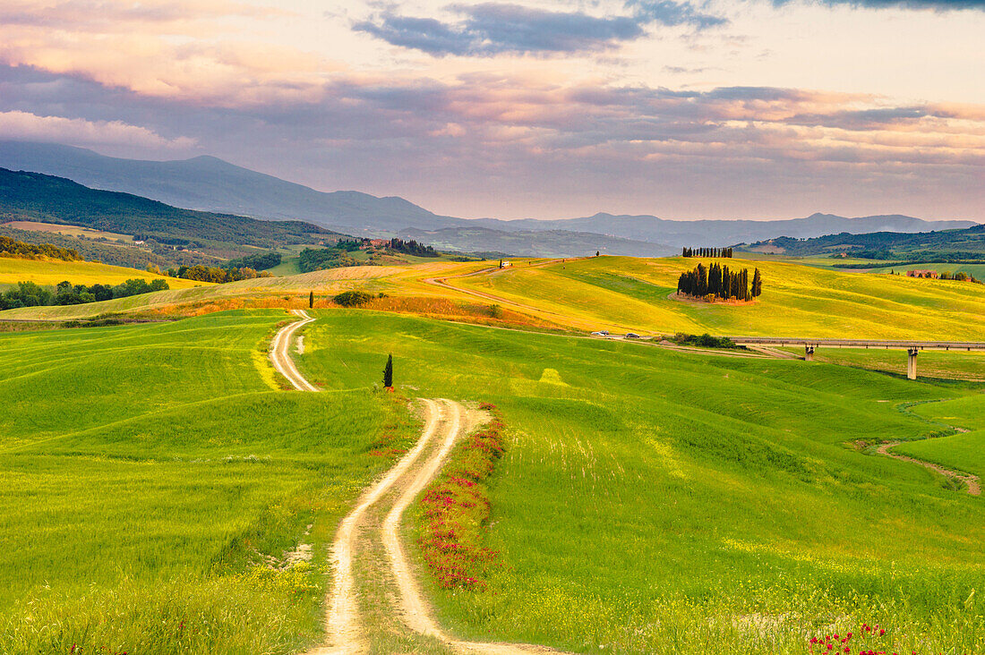 Orcia Valley, Tuscany, Italy, Tuscan hills at sunrise
